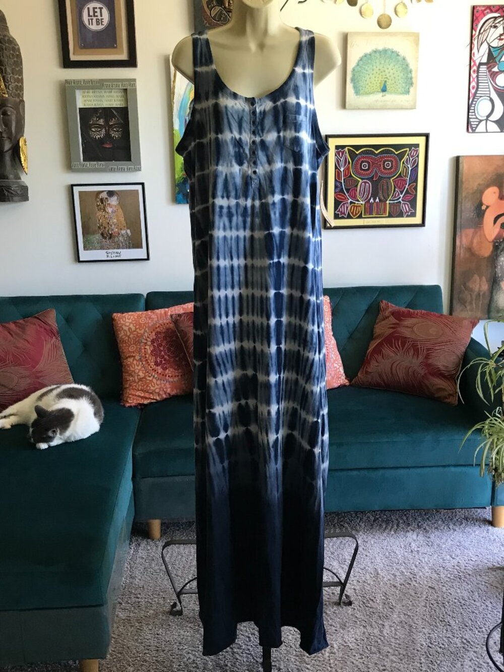 RUFF HEWN size L Indigo Blue Tye Dye Cotton Long Sleeveless Maxi Dress NWT